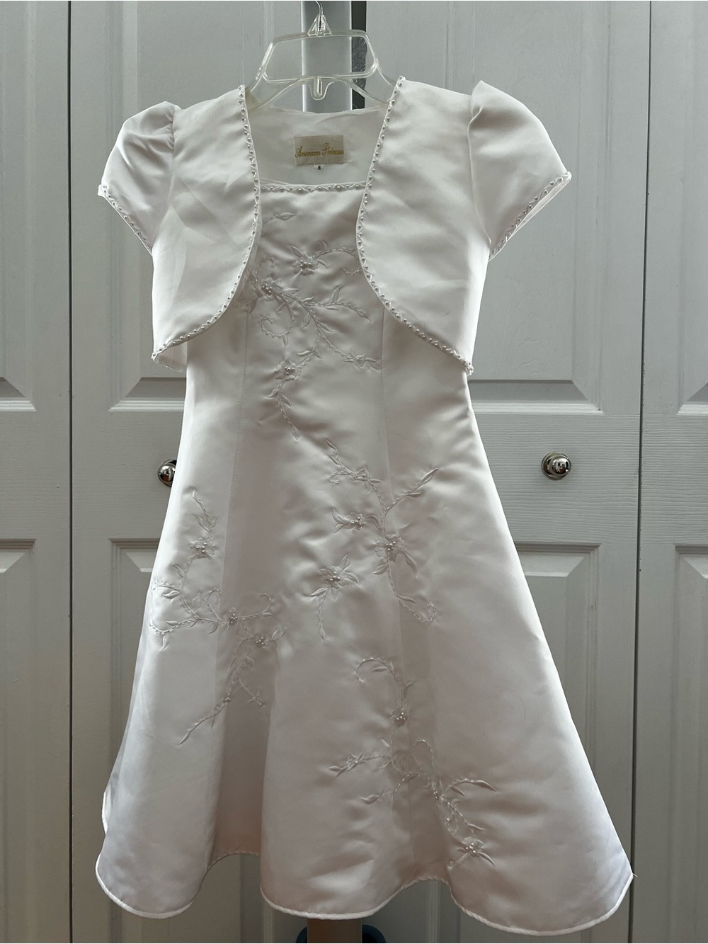 American Princess White Satin Floral Embroidered Girls' Dress with Bolero